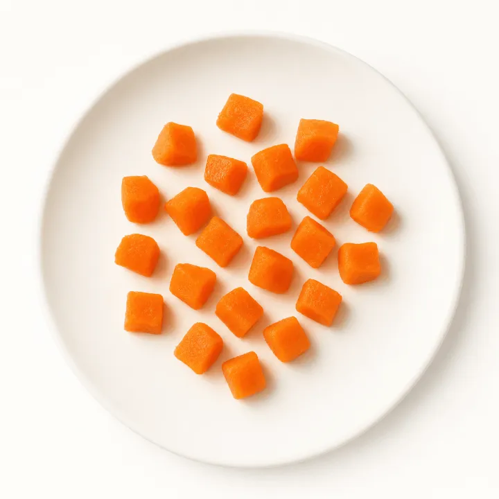 Small soft-cooked carrot cubes spread on a white plate, photographed from above.