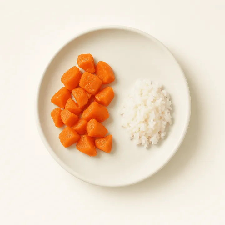 Carrot cubes next to rice on a white plate, photographed from above.